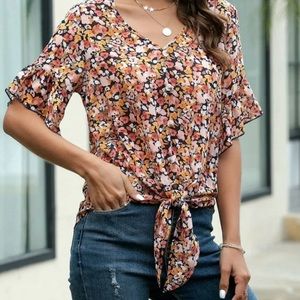 Shein floral front tie blouse L